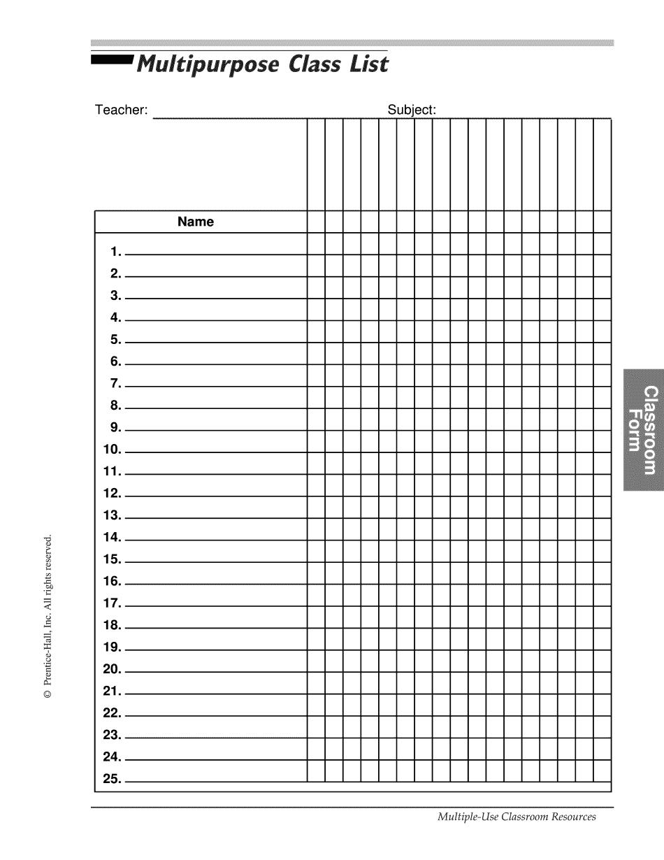 Multipurpose Class List Template Fill Edit Printable PDF Forms Online Multipurpose Class List Template Fill Edit Printable PDF Forms Online