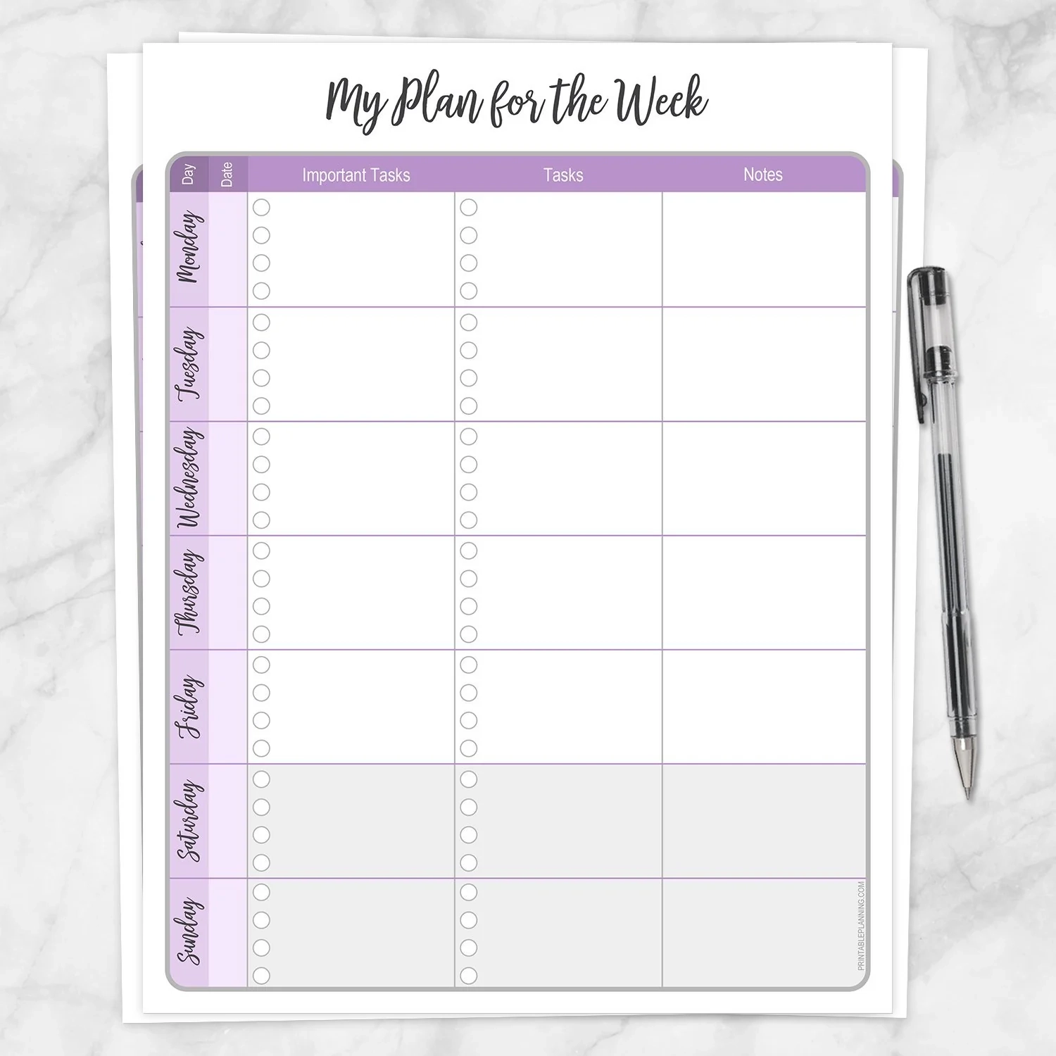 My Plan For The Week Purple Weekly Planner Page Printable 