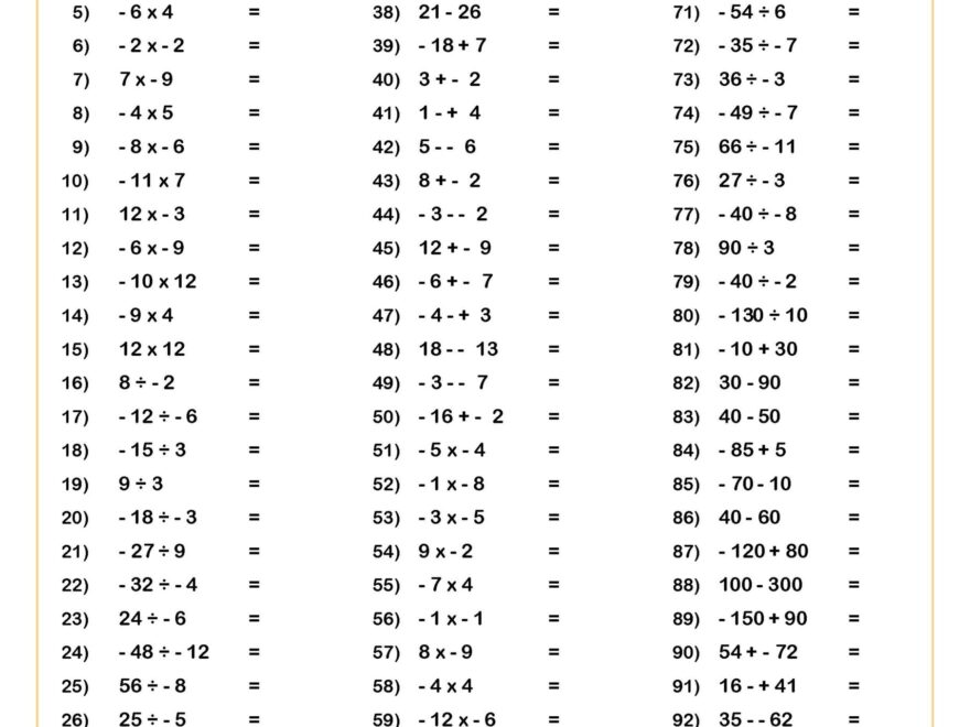 Negative Numbers 10 Minute Challenge Worksheet Printable PDF