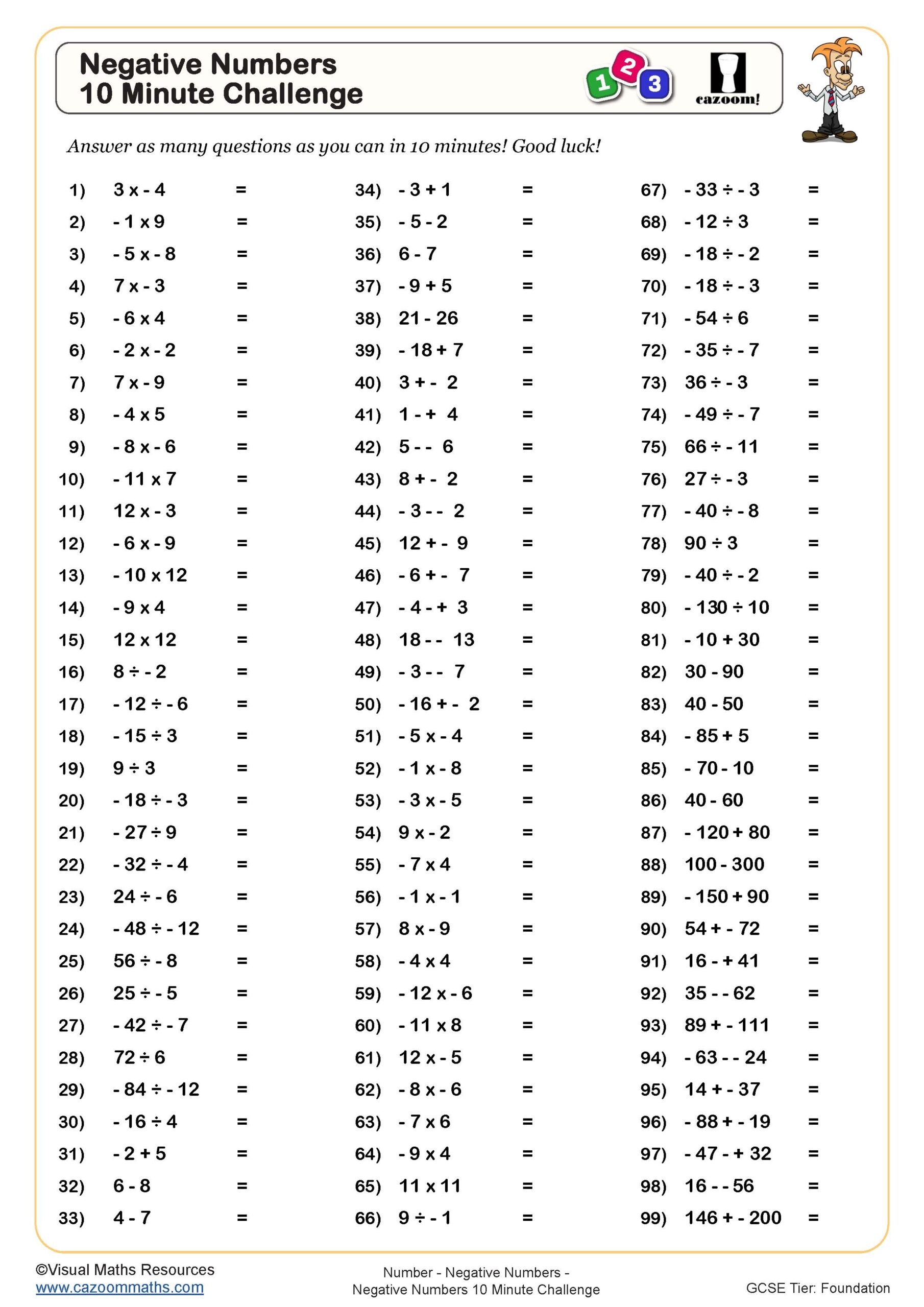 Negative Numbers 10 Minute Challenge Worksheet Printable PDF 