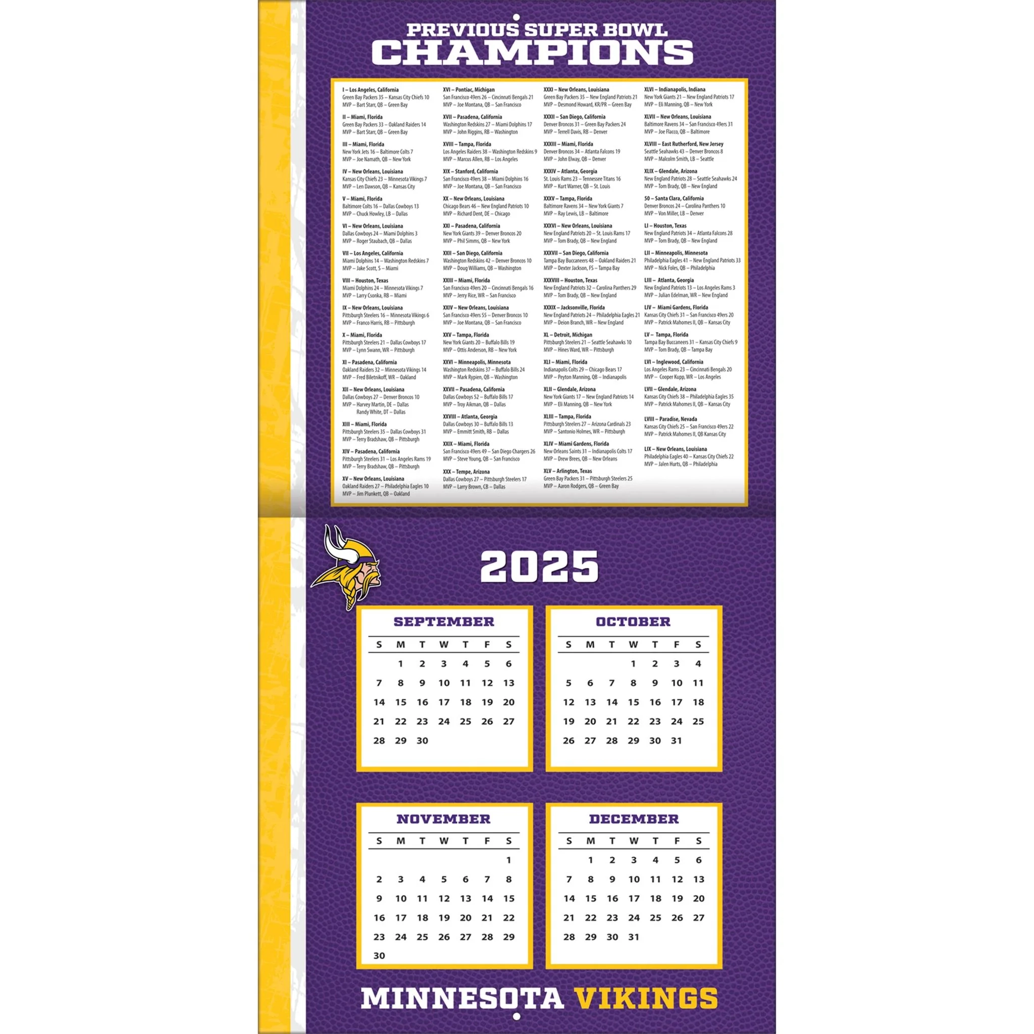 NFL Minnesota Vikings 2026 Wall Calendar