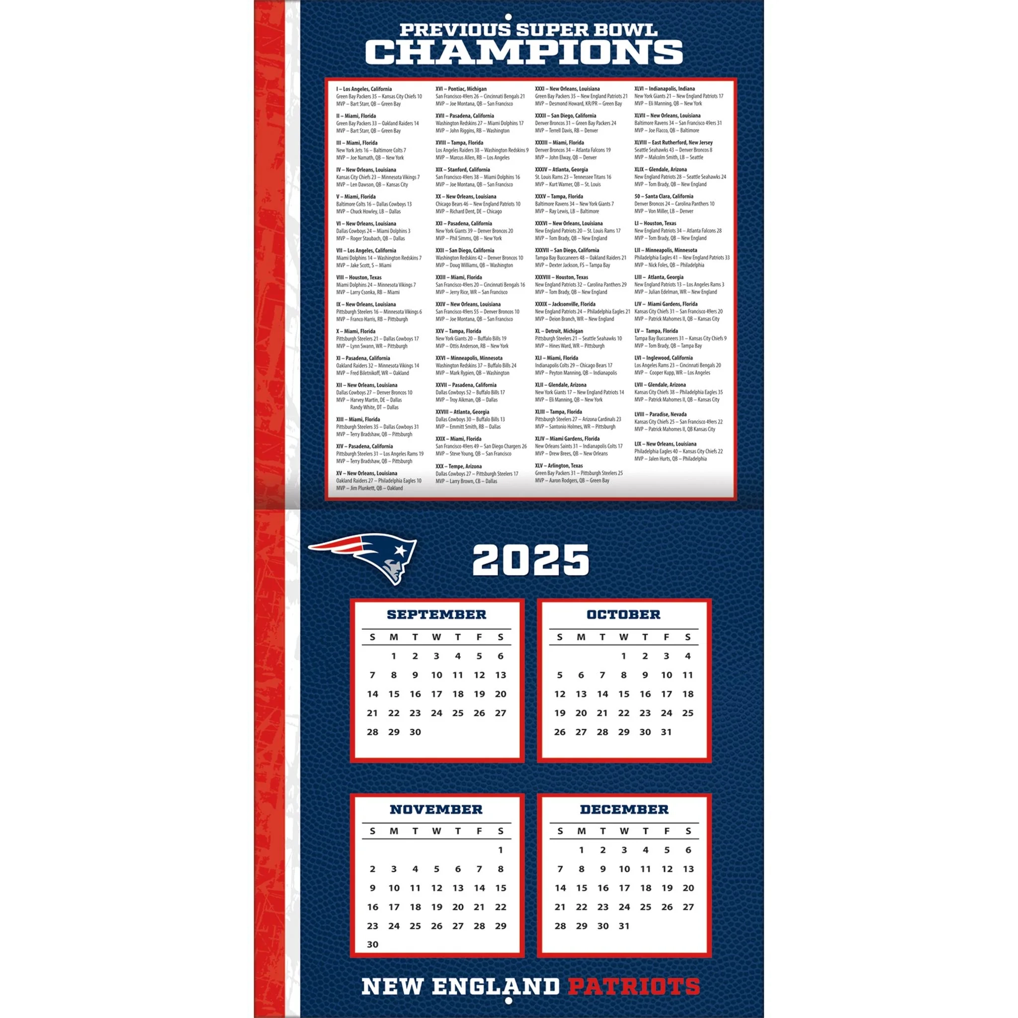 NFL New England Patriots 2026 Wall Calendar