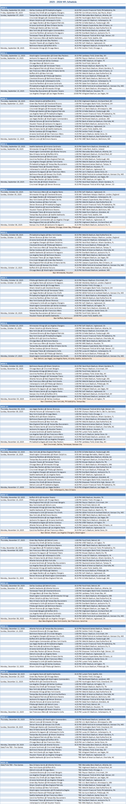 Nfl Schedule Printable 2026