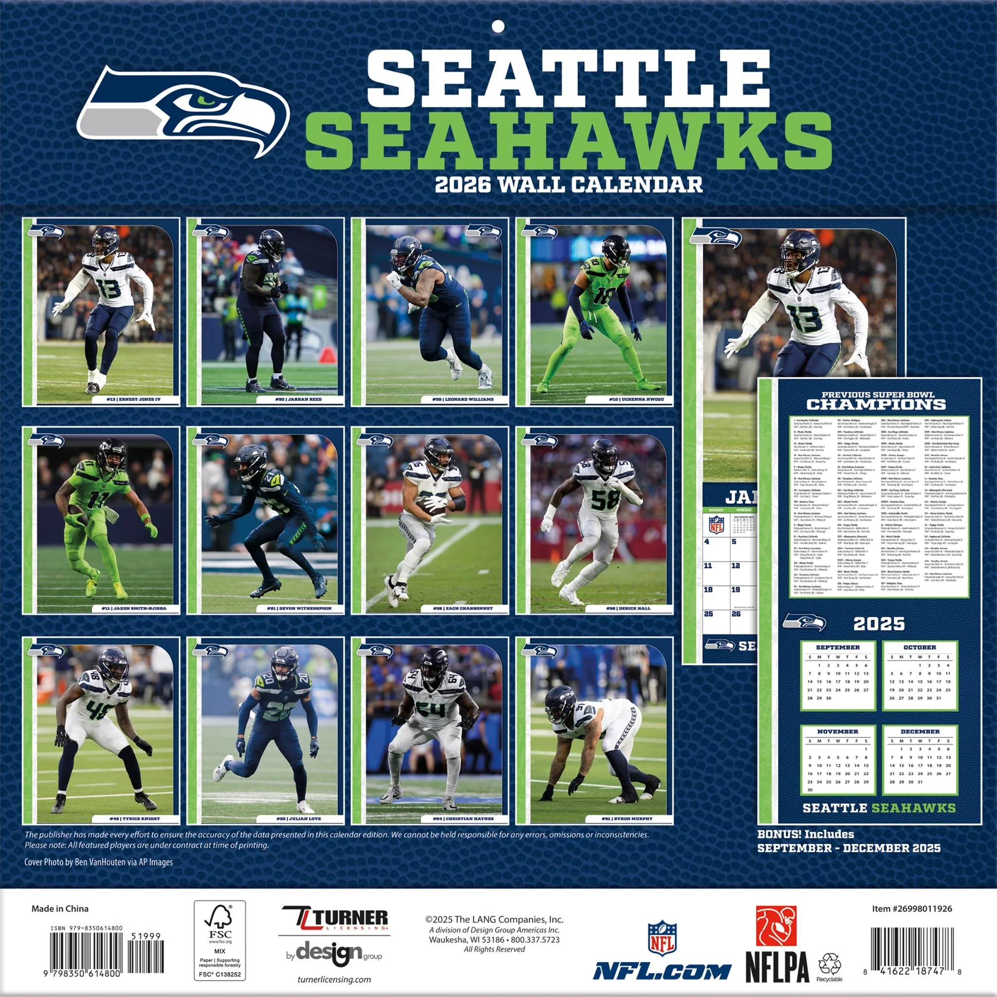 NFL Seattle Seahawks 2026 Wall Calendar NFL Seattle Seahawks 2026 Wall Calendar
