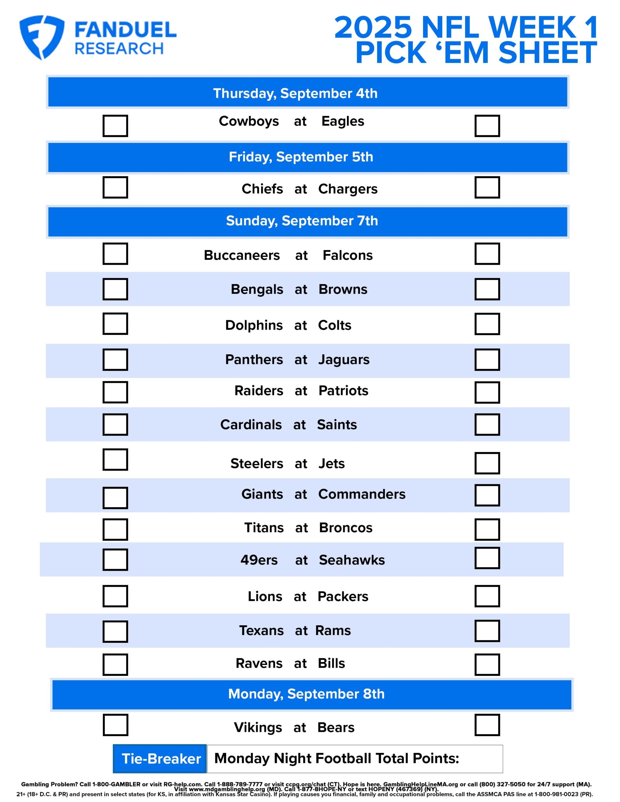NFL Week 1 Pick Em Sheet Free Printable Schedule And Betting NFL Week 1 Pick Em Sheet Free Printable Schedule And Betting