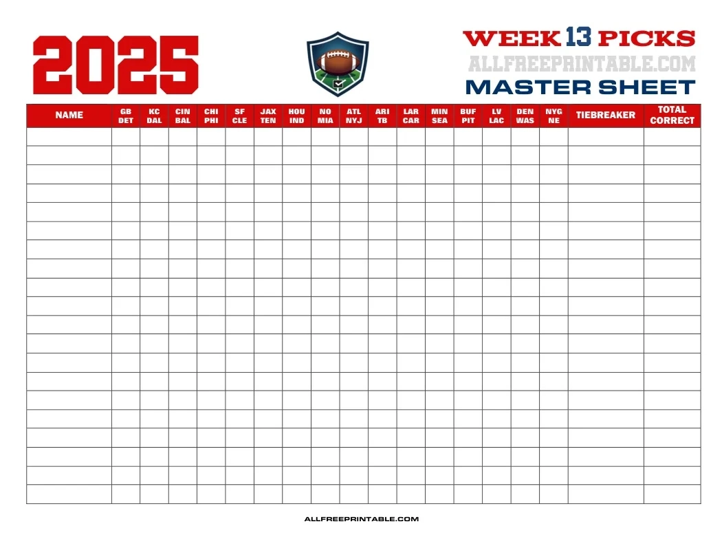 NFL Week 13 Pick em Master Sheet 2025 Free Printable