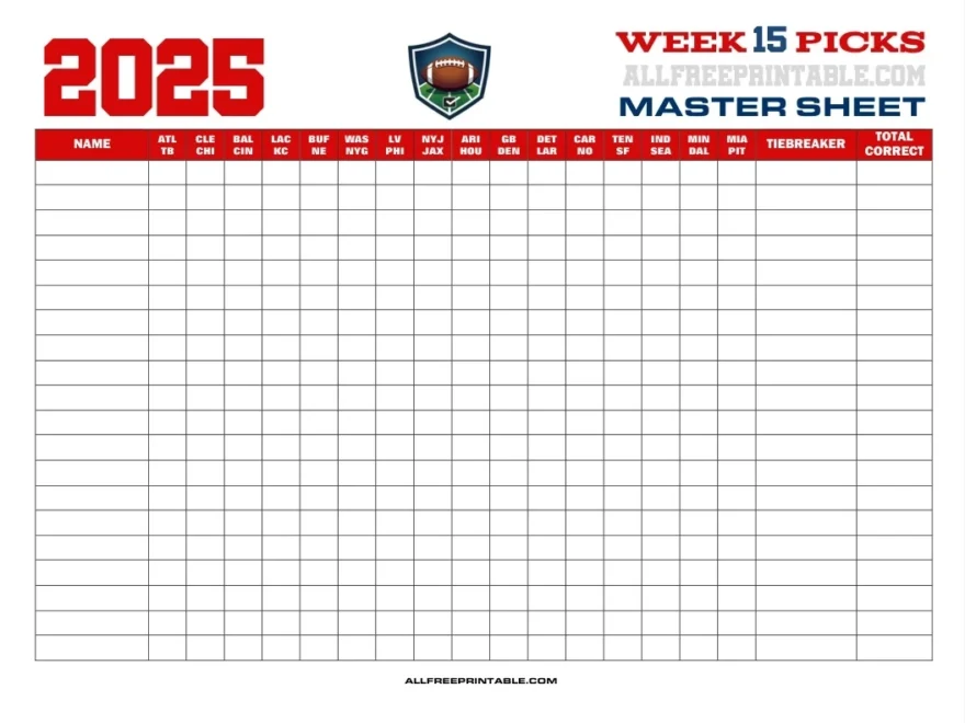 NFL Week 15 Pick em Master Sheet 2025 Free Printable