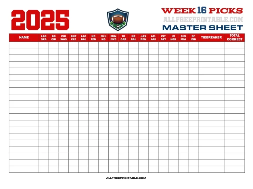 NFL Week 16 Pick em Master Sheet 2025 Free Printable