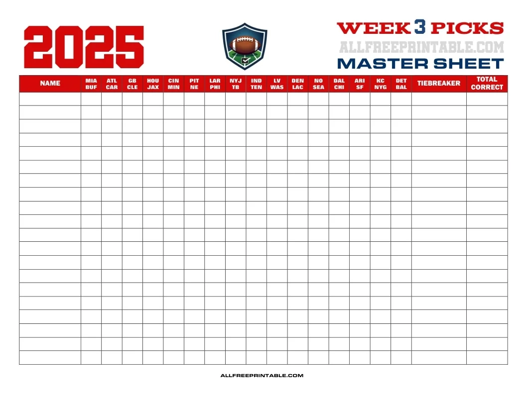 NFL Week 3 Pick em Master Sheet 2025 Free Printable