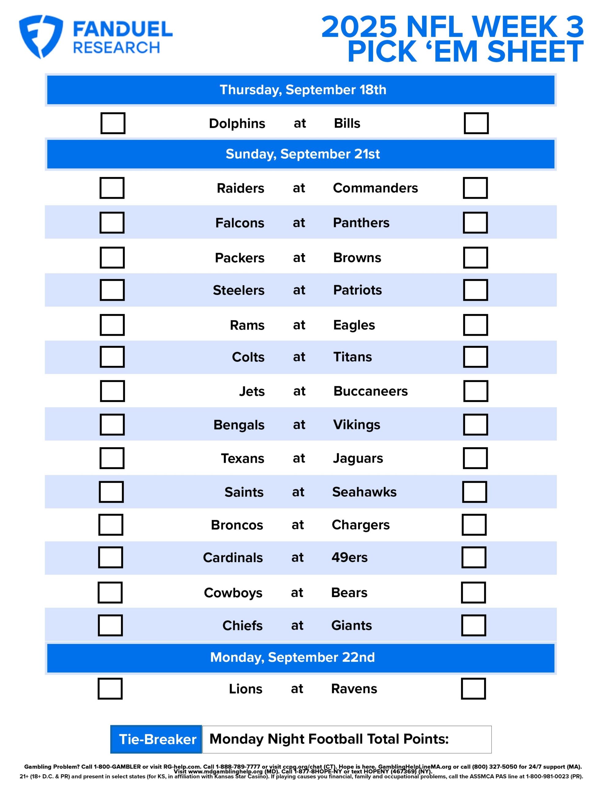 NFL Week 3 Pick Em Sheet Free Printable Schedule And Betting NFL Week 3 Pick Em Sheet Free Printable Schedule And Betting