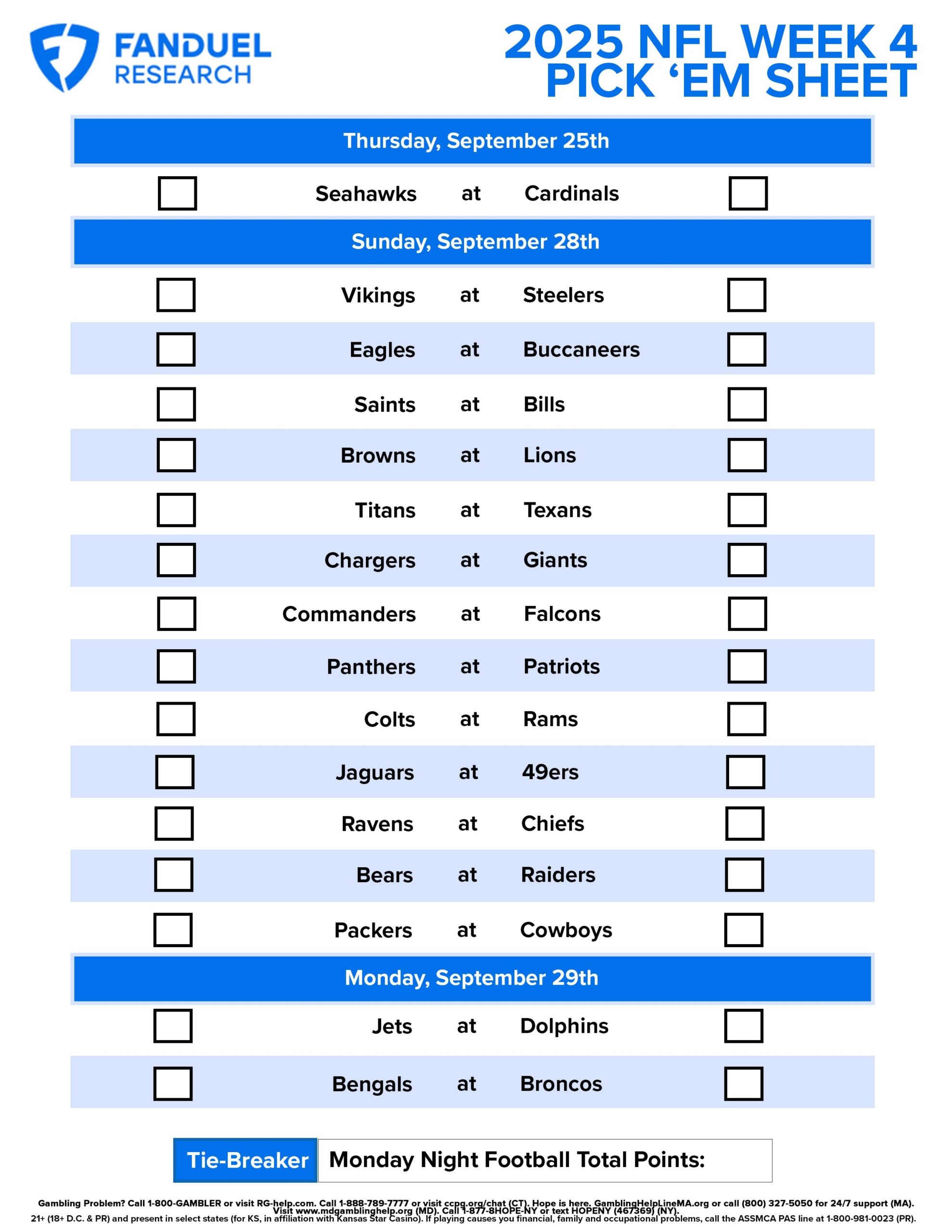 NFL Week 4 Pick Em Sheet Free Printable Schedule And Betting 