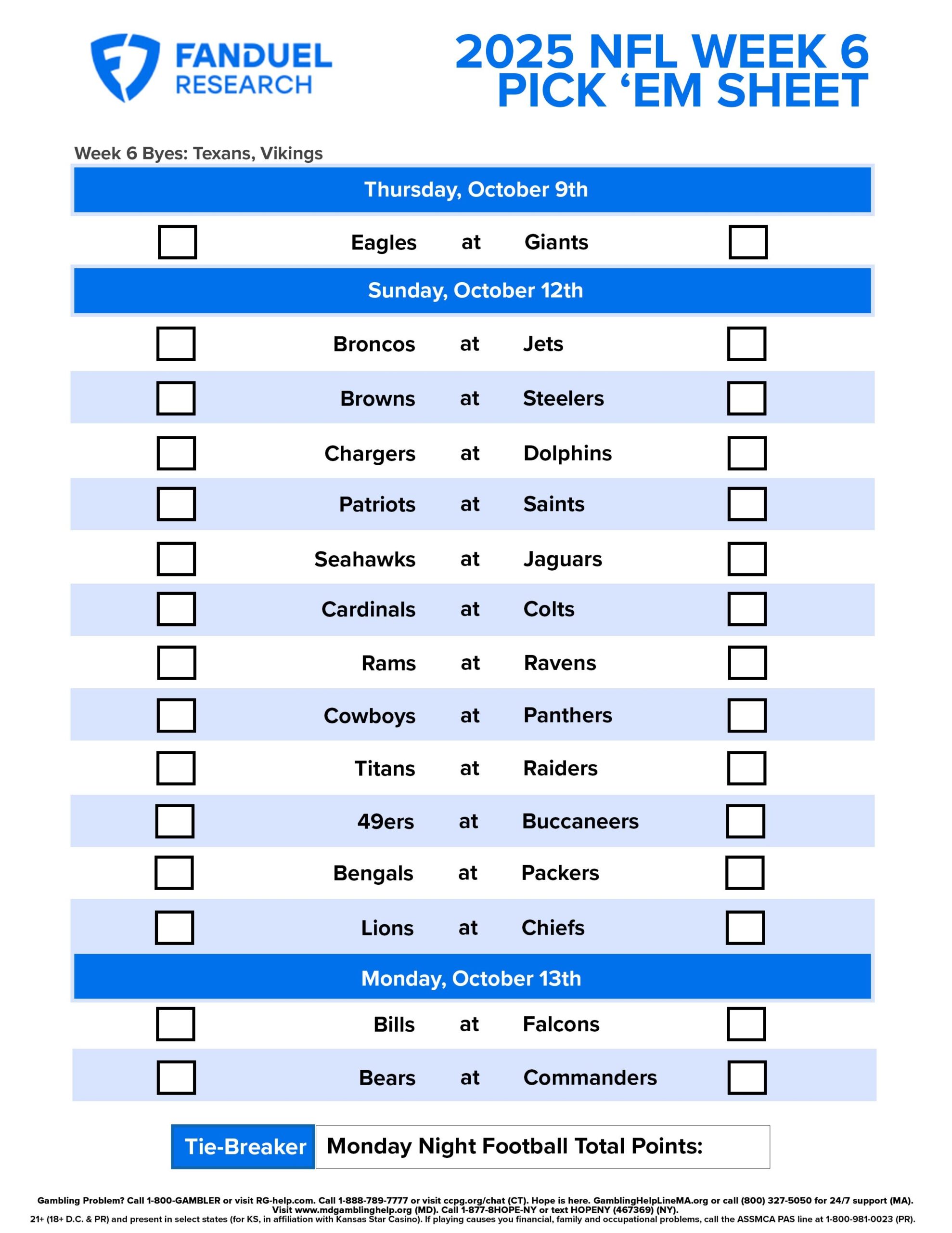NFL Week 6 Pick Em Sheet Free Printable Schedule And Betting Odds FanDuel Research NFL Week 6 Pick Em Sheet Free Printable Schedule And Betting Odds FanDuel Research