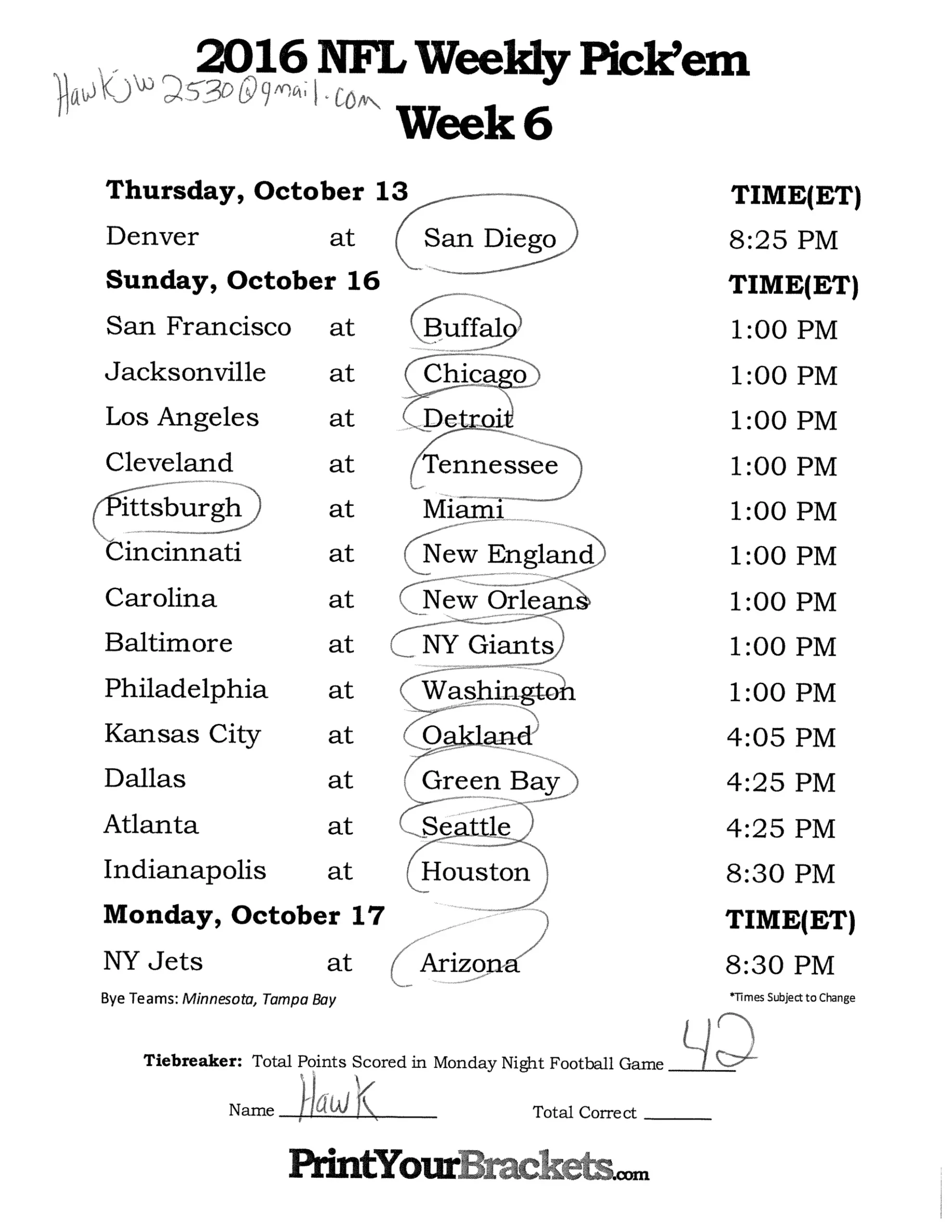 Nfl Week 6 Printable Schedules Nfl Week 6 Printable Schedules