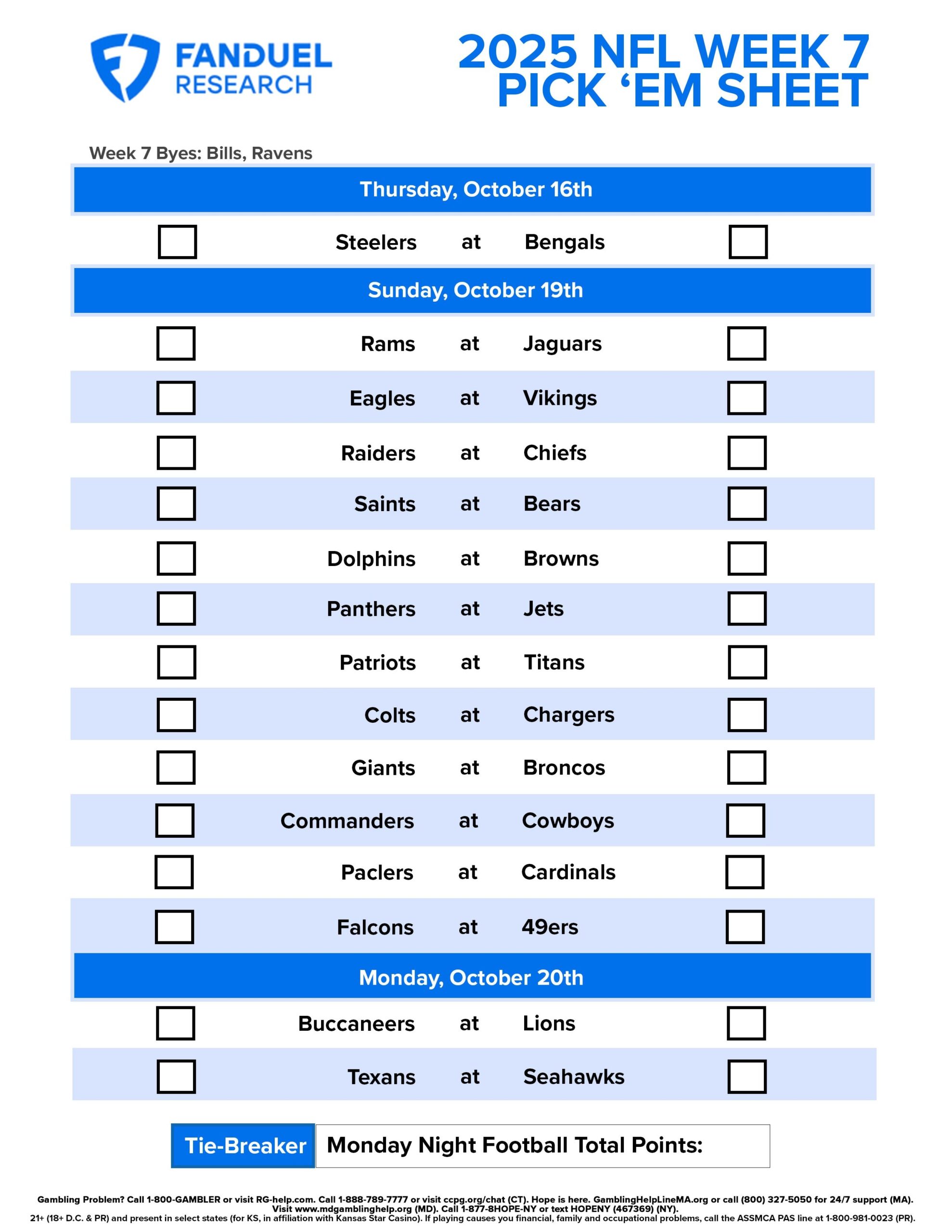 NFL Week 7 Pick Em Sheet Free Printable Schedule And Betting 