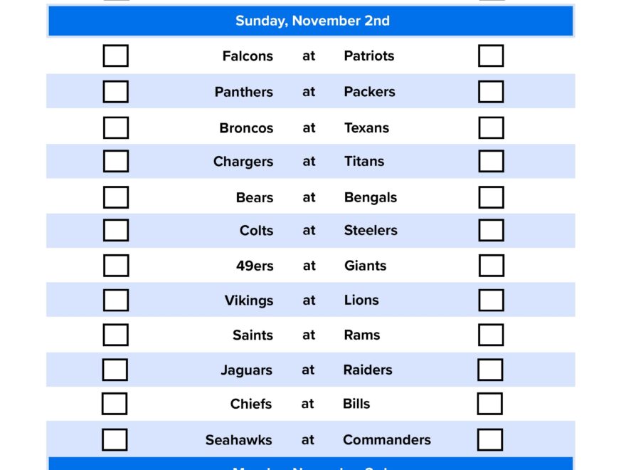 NFL Week 9 Pick Em Sheet Free Printable Schedule And Betting Odds FanDuel Research