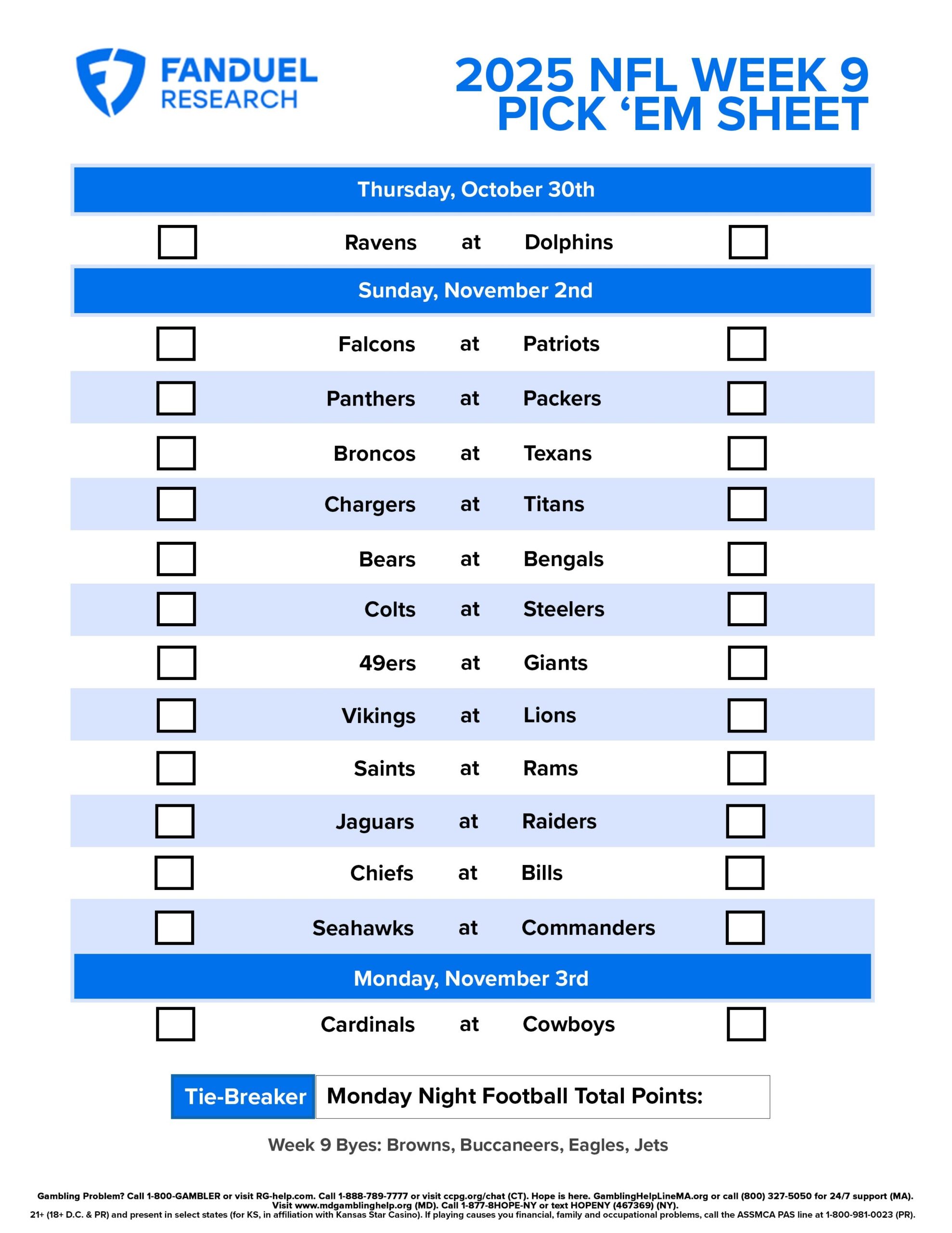 NFL Week 9 Pick Em Sheet Free Printable Schedule And Betting Odds FanDuel Research NFL Week 9 Pick Em Sheet Free Printable Schedule And Betting Odds FanDuel Research