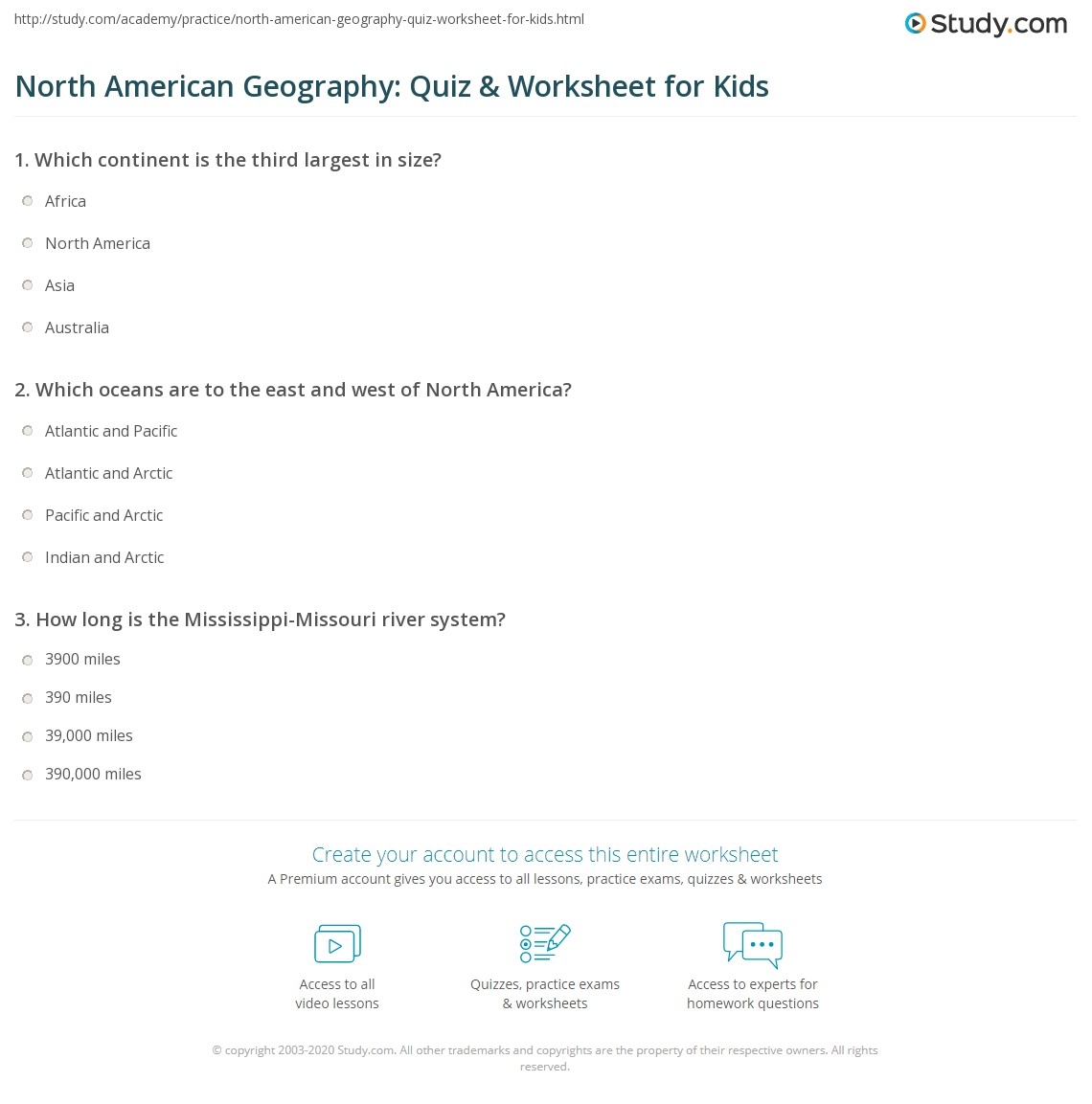 North American Geography Quiz Worksheet For Kids Study