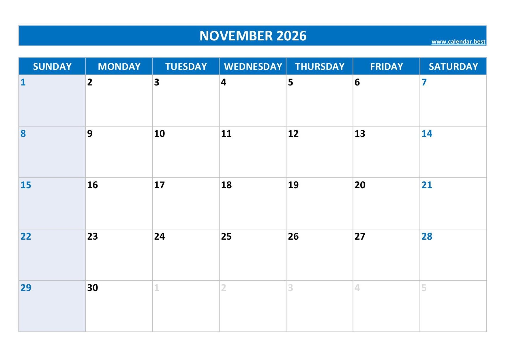 Full Sheet Printable Calendar November 2026