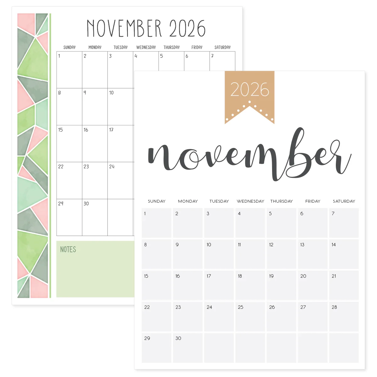 November 2026 Calendar Printable PDF Templates