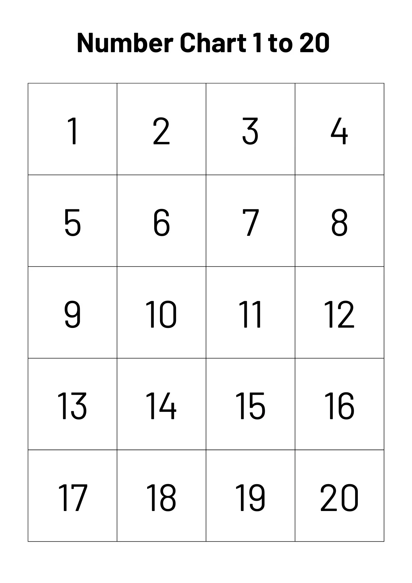 Kindergarten Printable Number Chart 1 20
