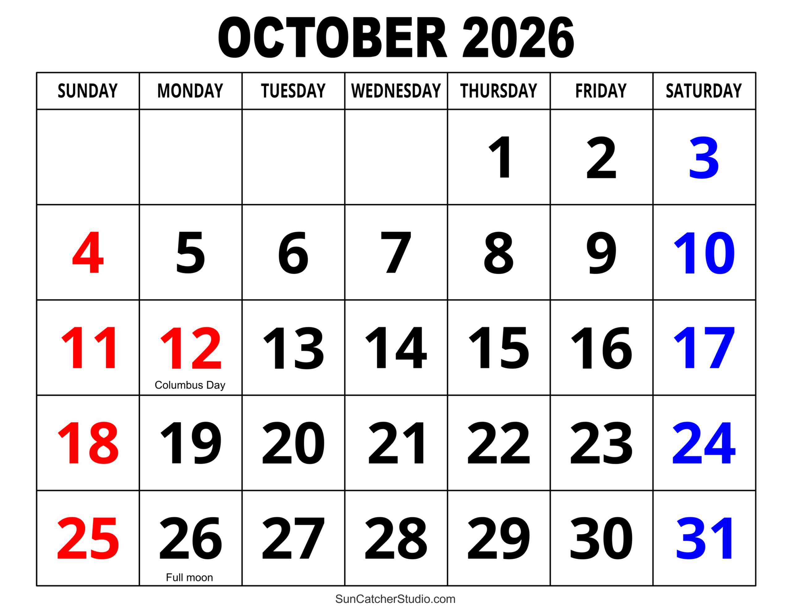 Free Planner Printables October 2026 Monthly