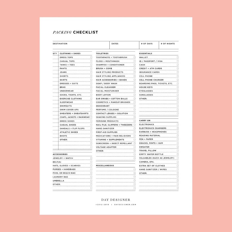 Packing Checklist For Vacation Printable Day Designer