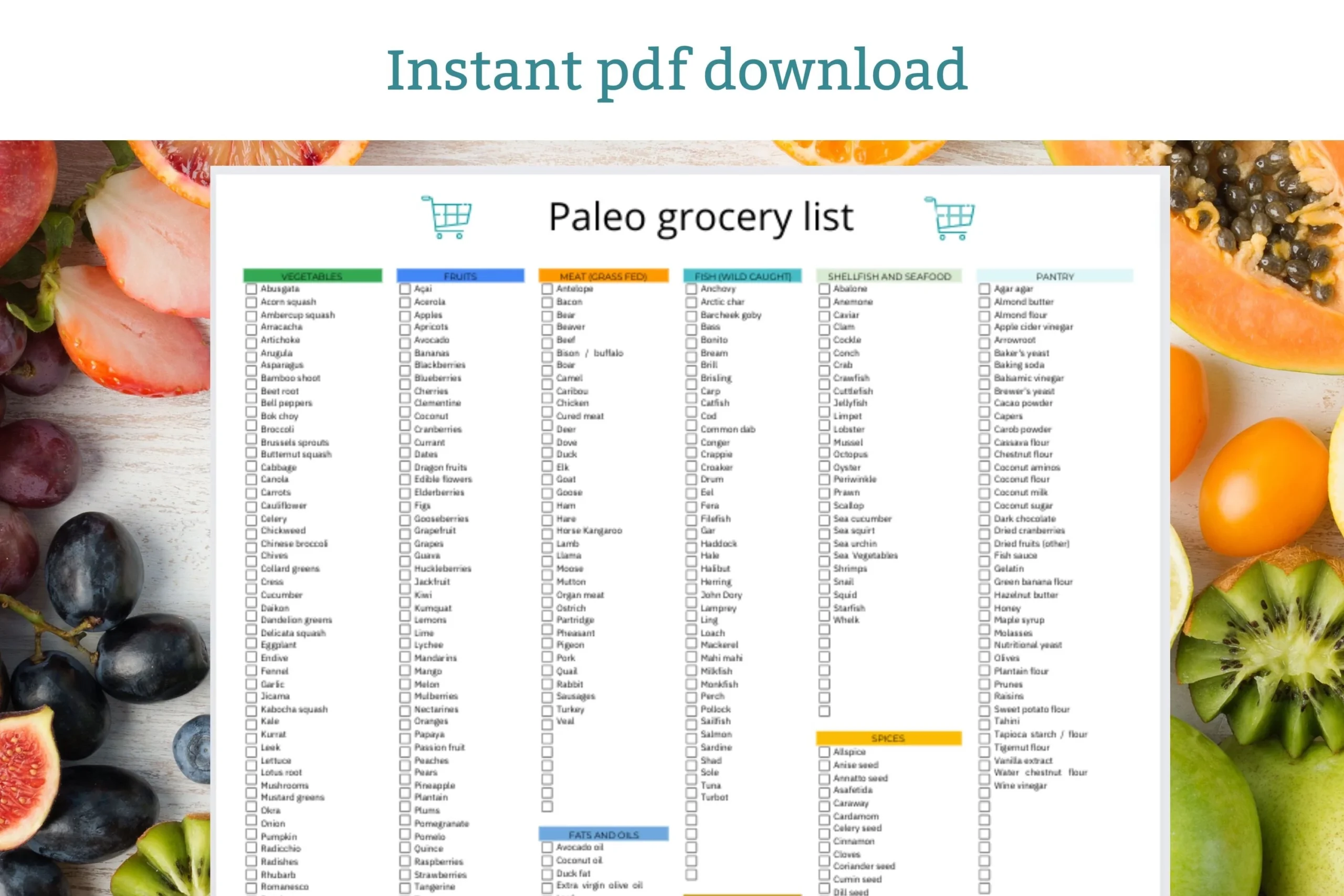 Paleo Grocery List Printable Paleo Diet Grocery Checklist Pdf Download Etsy