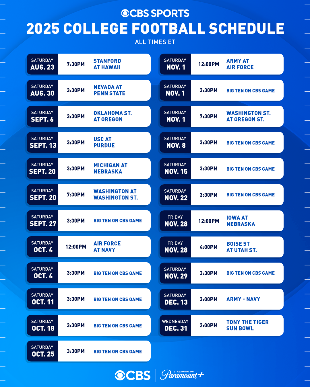 Paramount Press Express CBS SPORTS ANNOUNCES 2025 COLLEGE FOOTBALL BROADCAST SCHEDULE