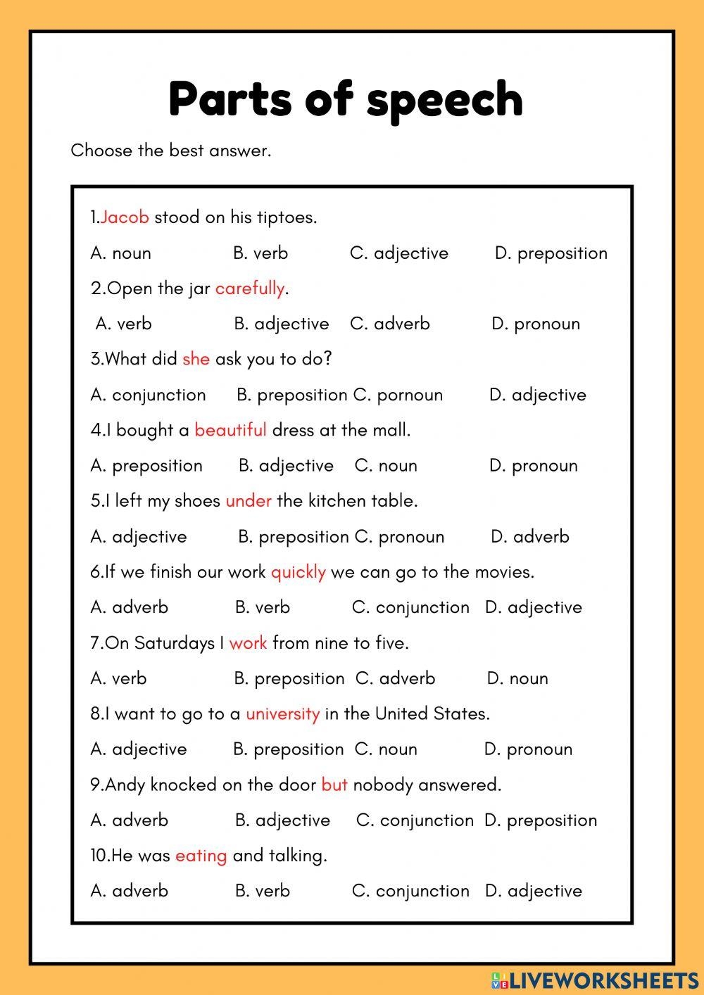 Parts Of Speech Free Interactive Worksheets 5329416
