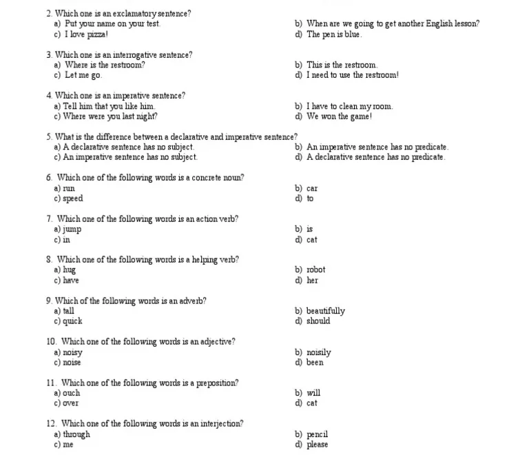Parts Of Speech Test PDF Part Of Speech Verb