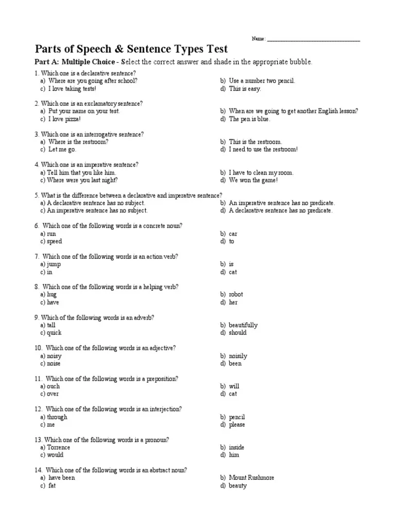 Parts Of Speech Test PDF Part Of Speech Verb