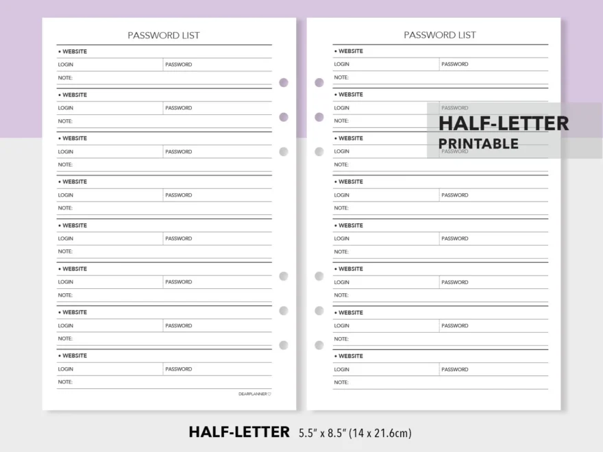 Password List Tracker Half Letter Printable PDF H28