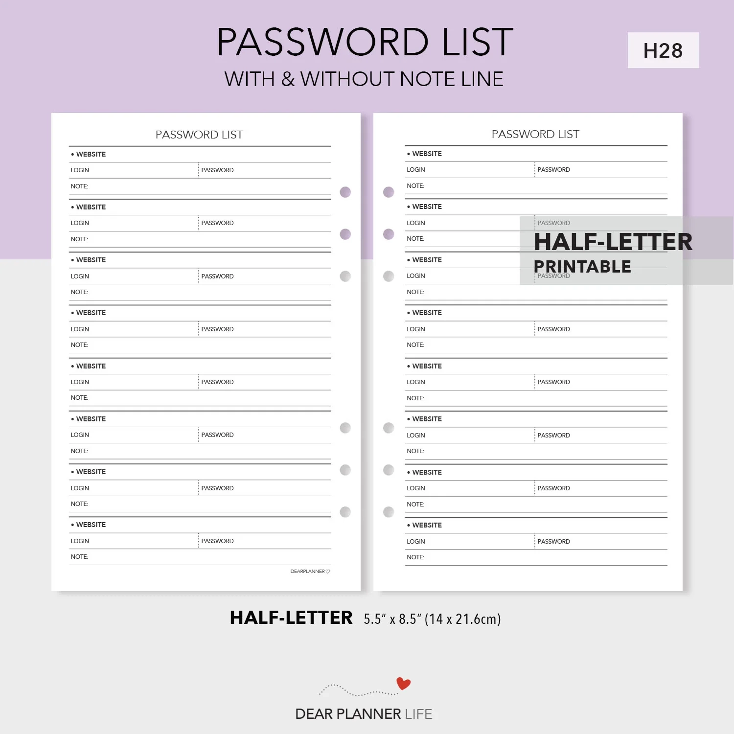 Password List Tracker Half Letter Printable PDF H28 