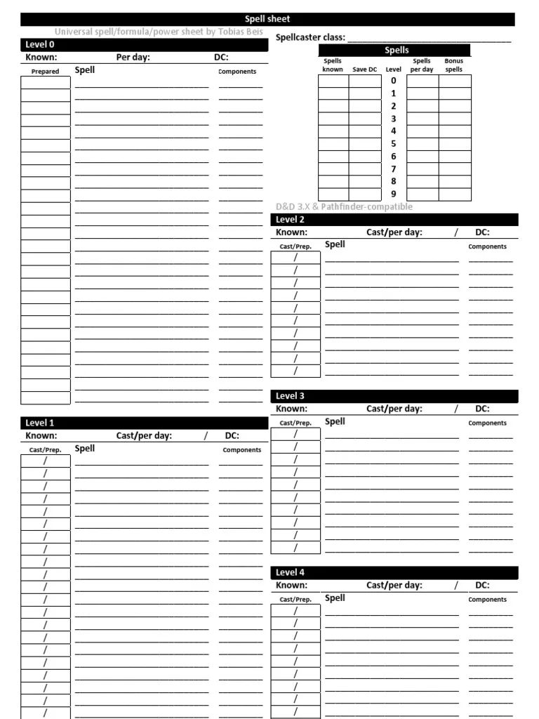 Pathfinder DnD 3 x Universal Spell Sheet PDF Pathfinder DnD 3 x Universal Spell Sheet PDF