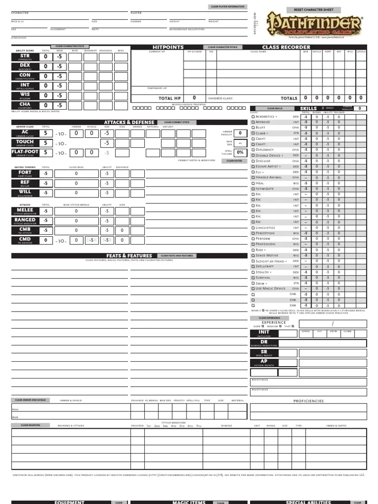 Pathfinder PDF Character Sheet By Neceros PDF Tabletop Games 