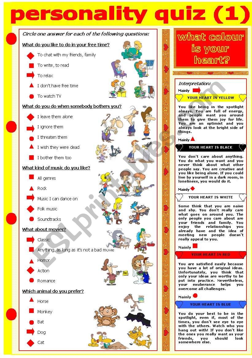 PERSONALITY QUIZ WHAT COLOUR IS YOUR HEART ESL Worksheet By Evadp75 PERSONALITY QUIZ WHAT COLOUR IS YOUR HEART ESL Worksheet By Evadp75