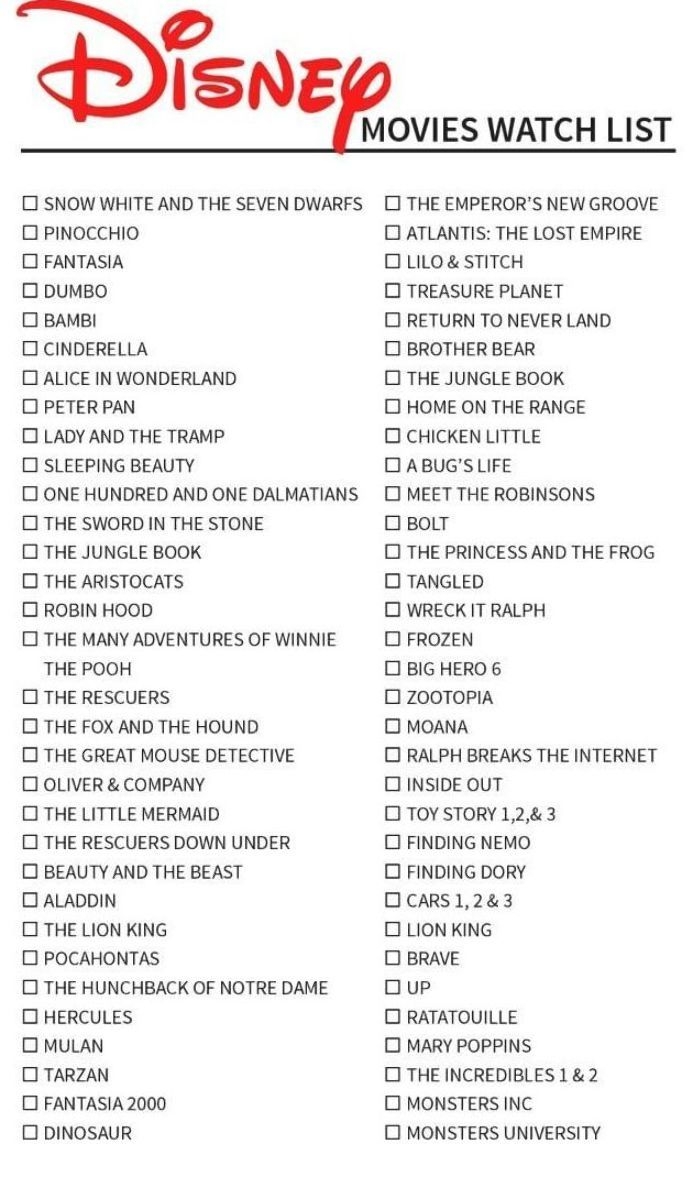Printable List Of Disney Animated Movies
