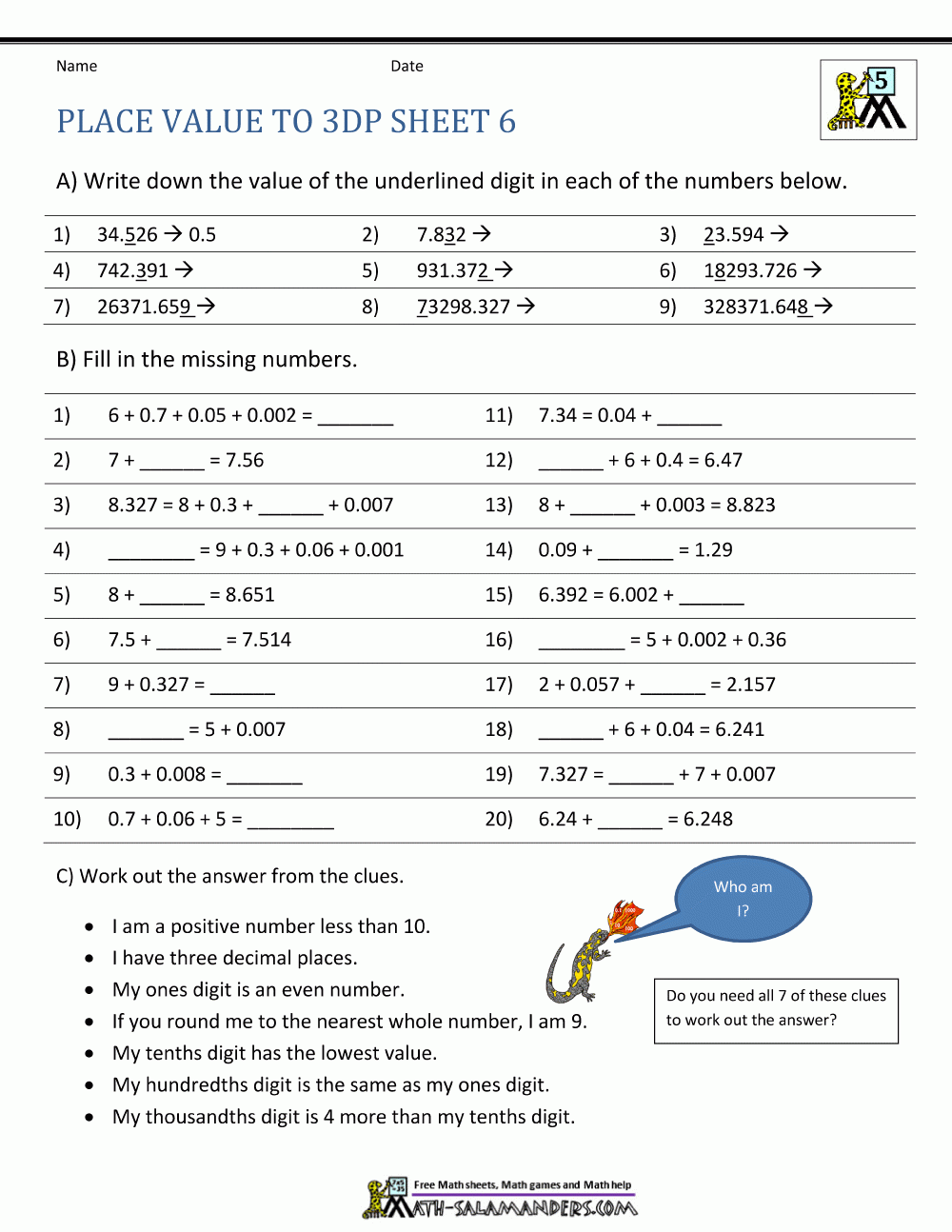 Place Value Quiz 5th Grade Printable