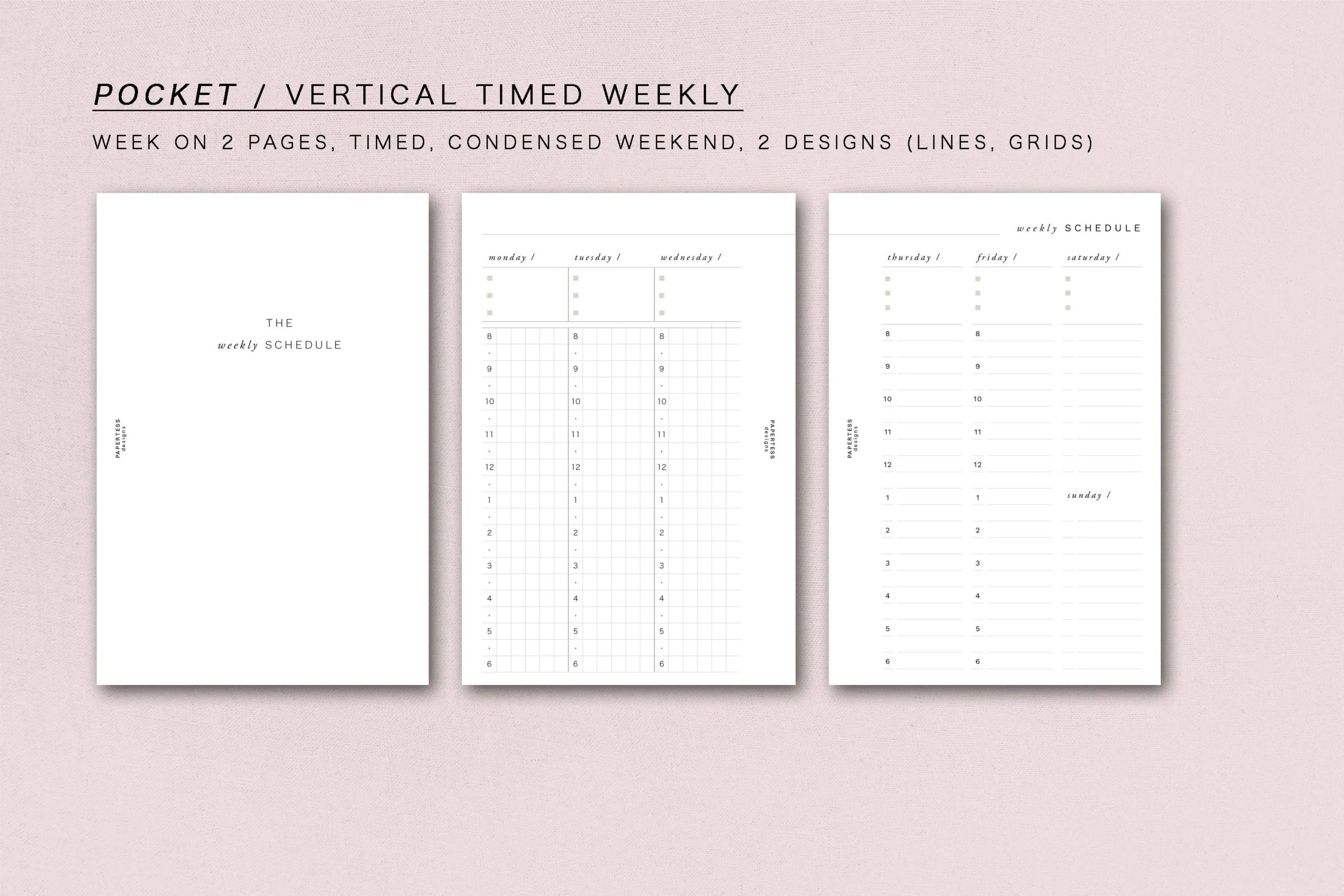 POCKET Vertical Timed Weekly Week On 2 Pages Minimal Design POCKET Vertical Timed Weekly Week On 2 Pages Minimal Design