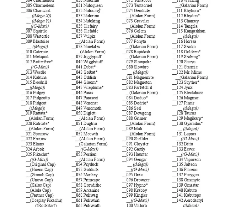 Pokemon Printable Checklist Generations 1 8 898 By Firesquiiids