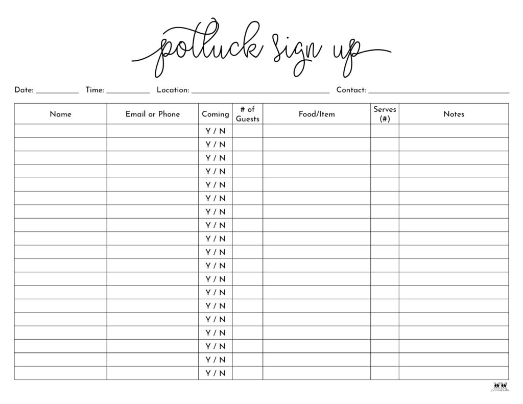 Printable Potluck Sign Up