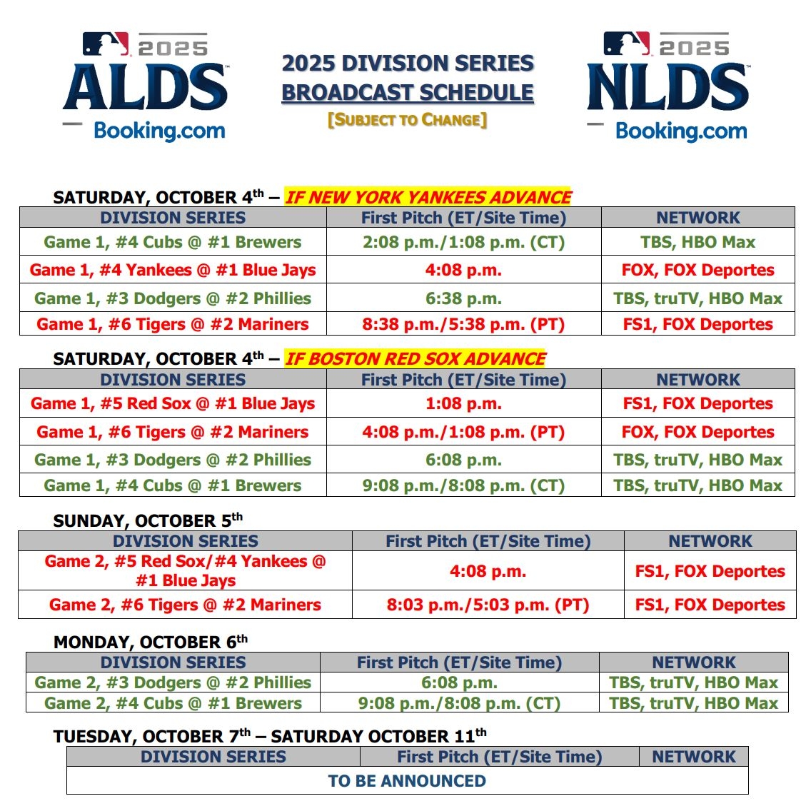 Press Release BROADCAST SCHEDULE UPDATED THROUGH MONDAY FOR 2025 
