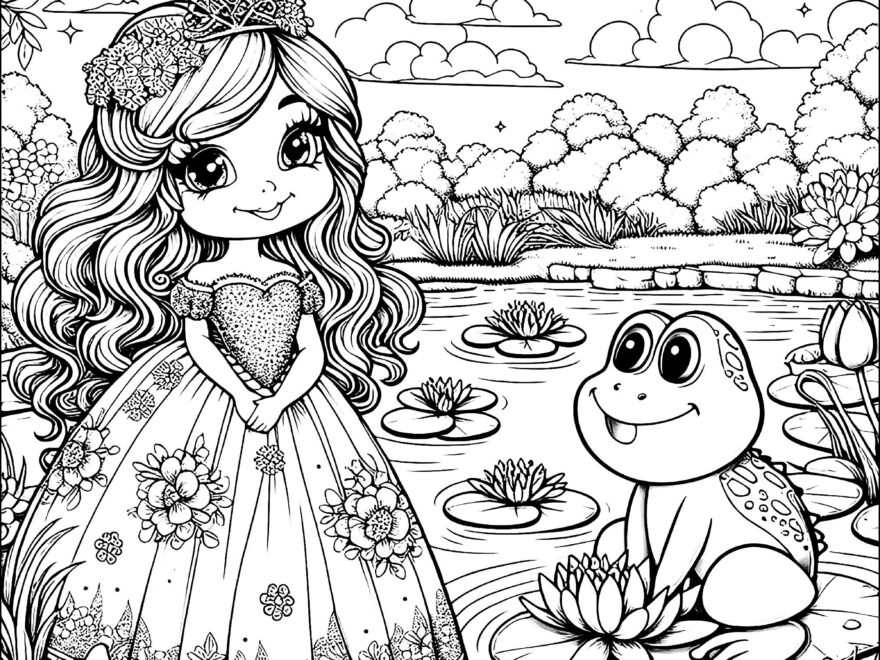 Princess And Frog At The Water s Edge Princess Coloring Pages