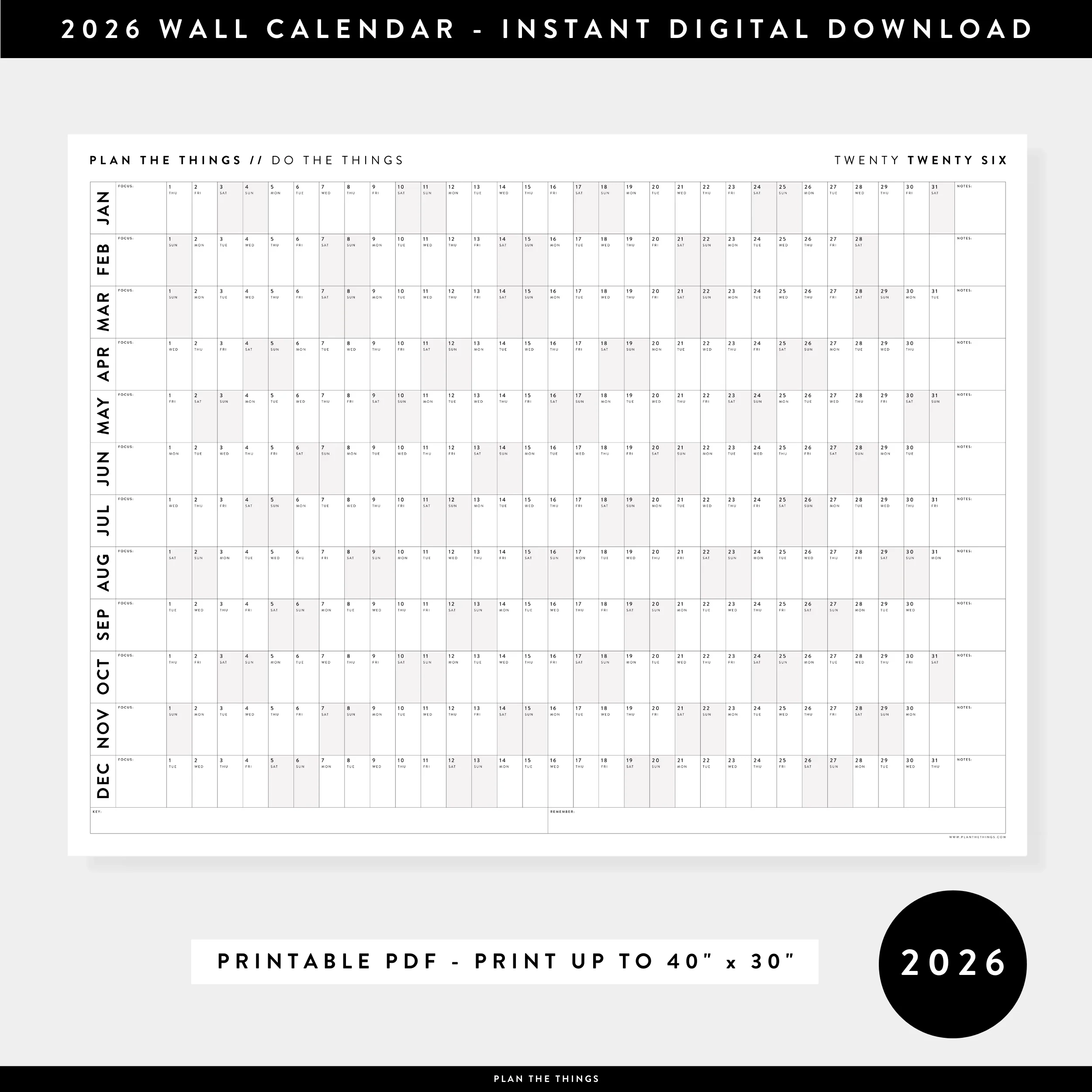 PRINTABLE 2026 HORIZONTAL WALL CALENDAR WITH GRAY WEEKENDS INSTANT D Plan The Things PRINTABLE 2026 HORIZONTAL WALL CALENDAR WITH GRAY WEEKENDS INSTANT D Plan The Things