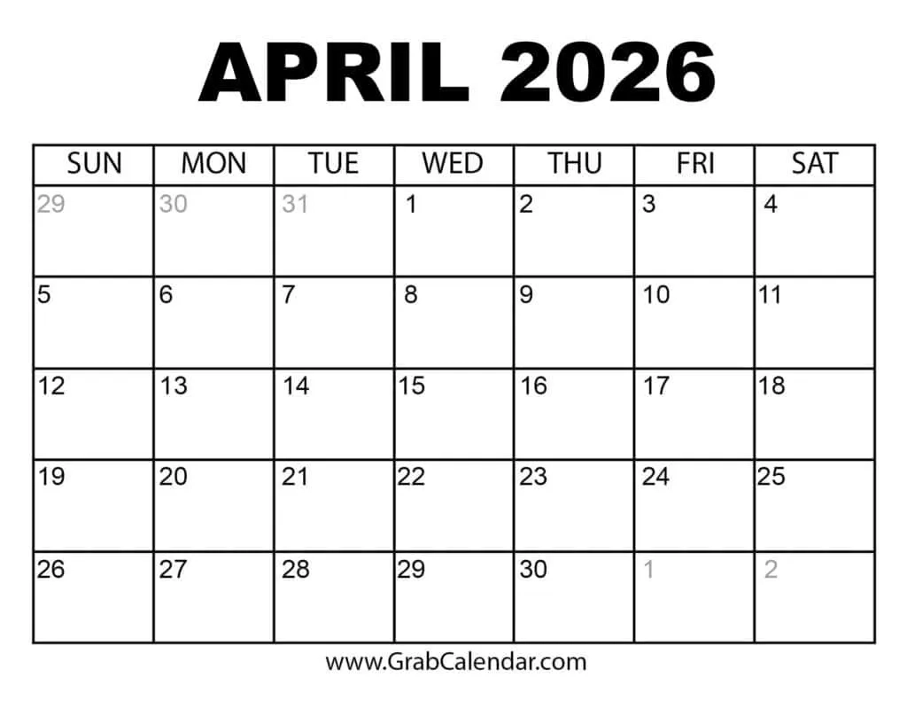Printable April 2026 Calendar Printable April 2026 Calendar