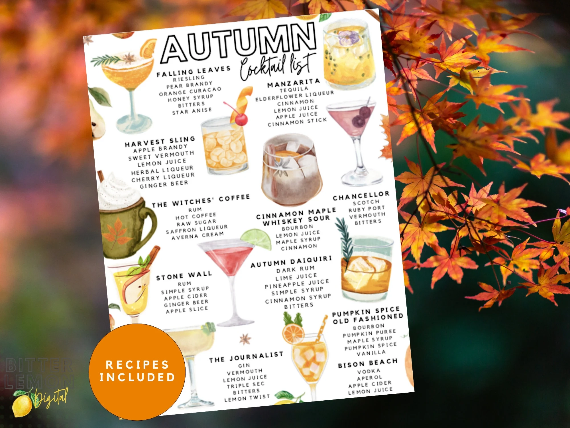 Printable Autumn Cocktail List Fall Cocktail Recipes Etsy Printable Autumn Cocktail List Fall Cocktail Recipes Etsy