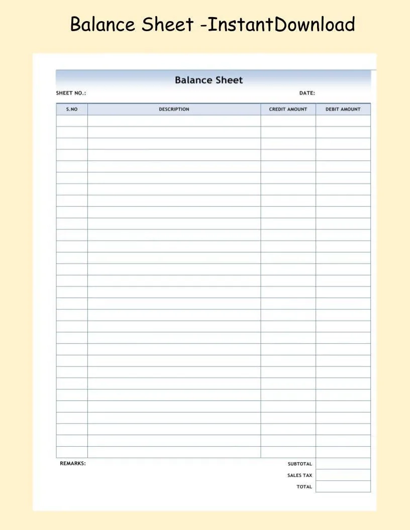 Printable Balance Sheet Ledger Sheet Small Business Accounting 