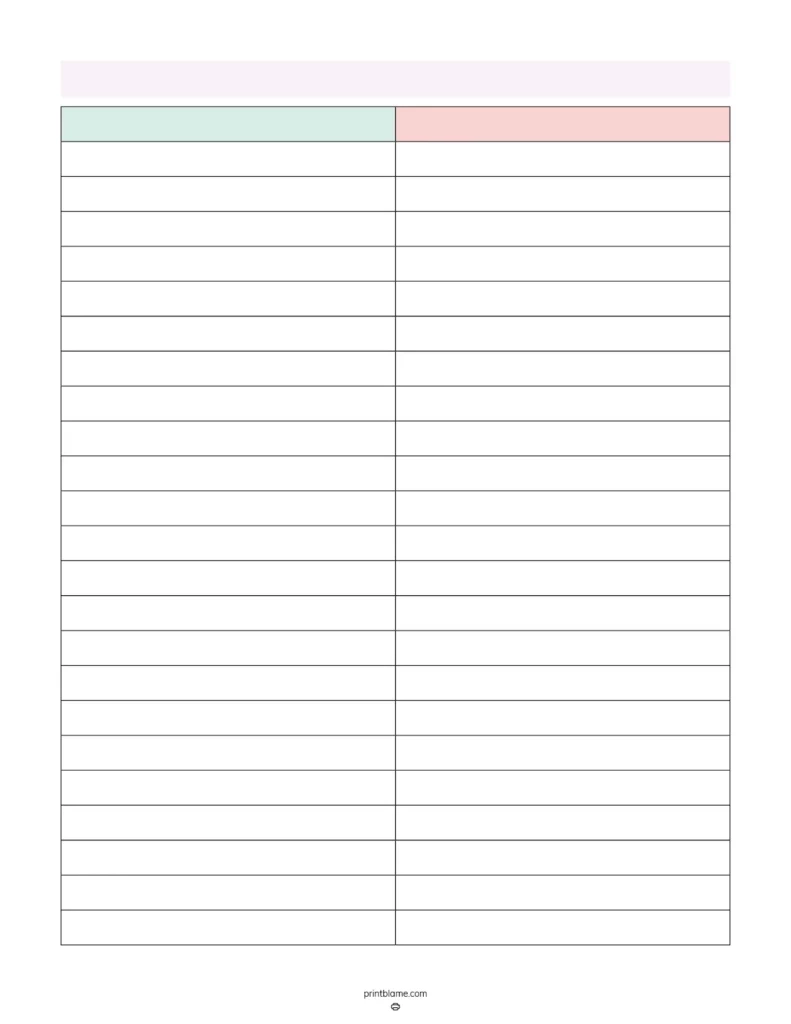 Printable Blank 2 Column Chart Template FREE Tables PDF