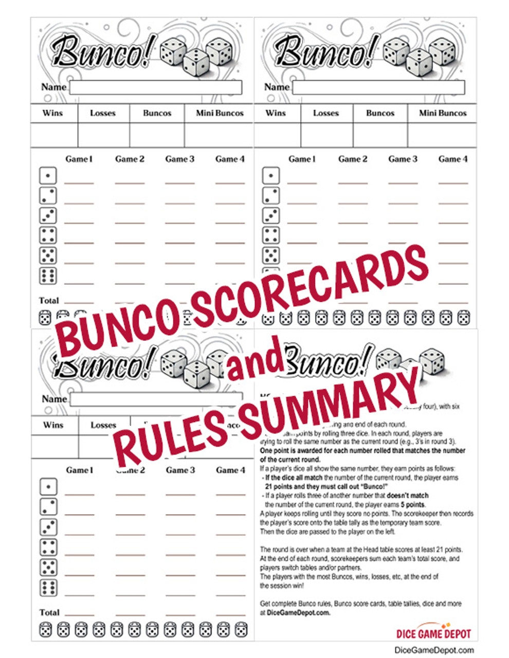 Printable Bunco Score Cards With Rules Overview Dice Game Depot