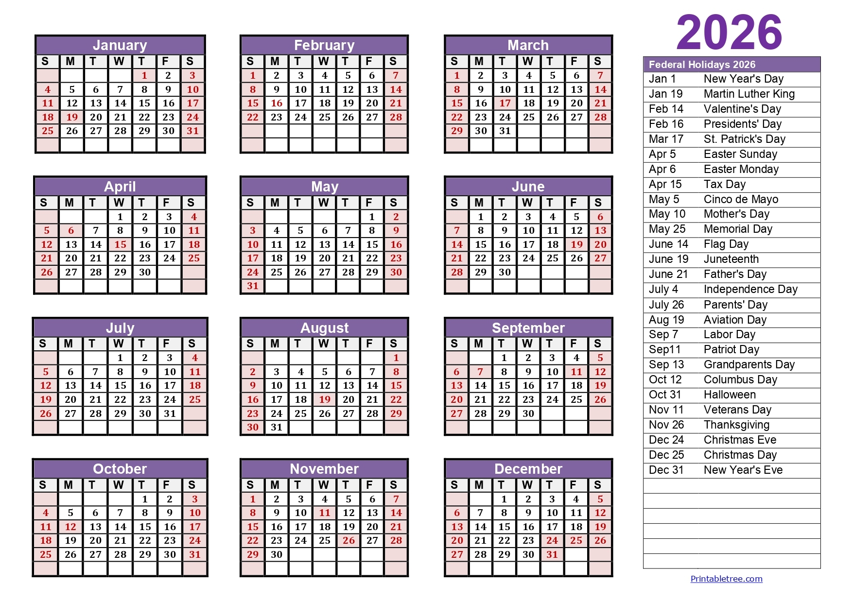 Printable Calendar 2026 One Page With Holidays Single Page 2026 Printable Calendar 2026 One Page With Holidays Single Page 2026